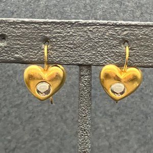 Heart Dangle Pierced Earrings Puffy Gold Domed Crystal Valentine Love Classic